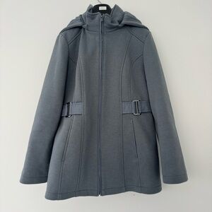 Liz Claiborne Jacket M Gray Blue Trench Hooded Full Zip Coat Adjustable Buckle